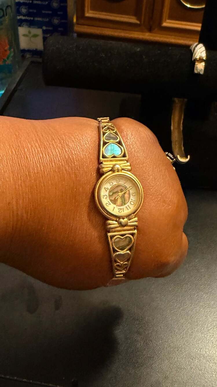 Vintage Avon Women's Gold-Tone Quartz Watch with Abalone Shell Heart Accents and
